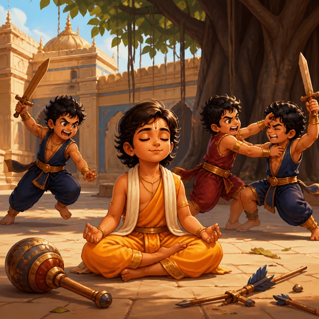 Young Prahlada sits cross-legged in quiet meditation while demon-prince classmates wrestle and brandish wooden swords around him in the palace courtyard.
