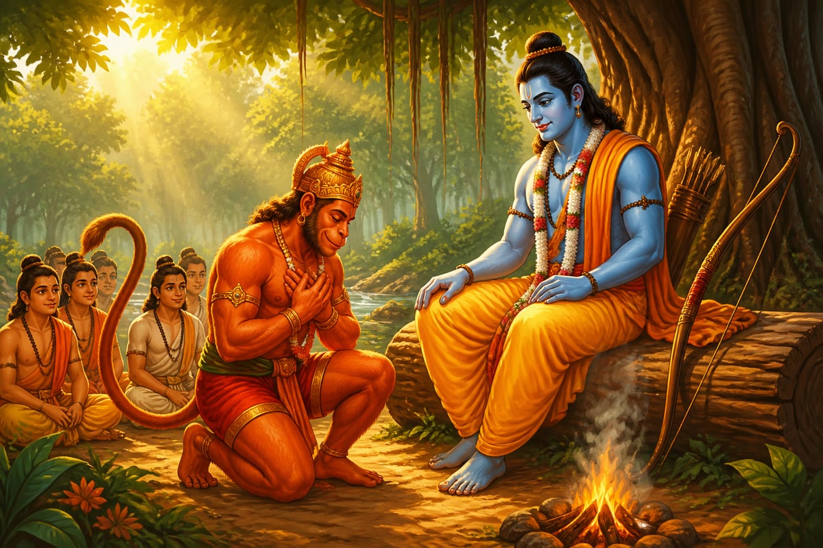 Hanuman in servitorship at Rama's feet