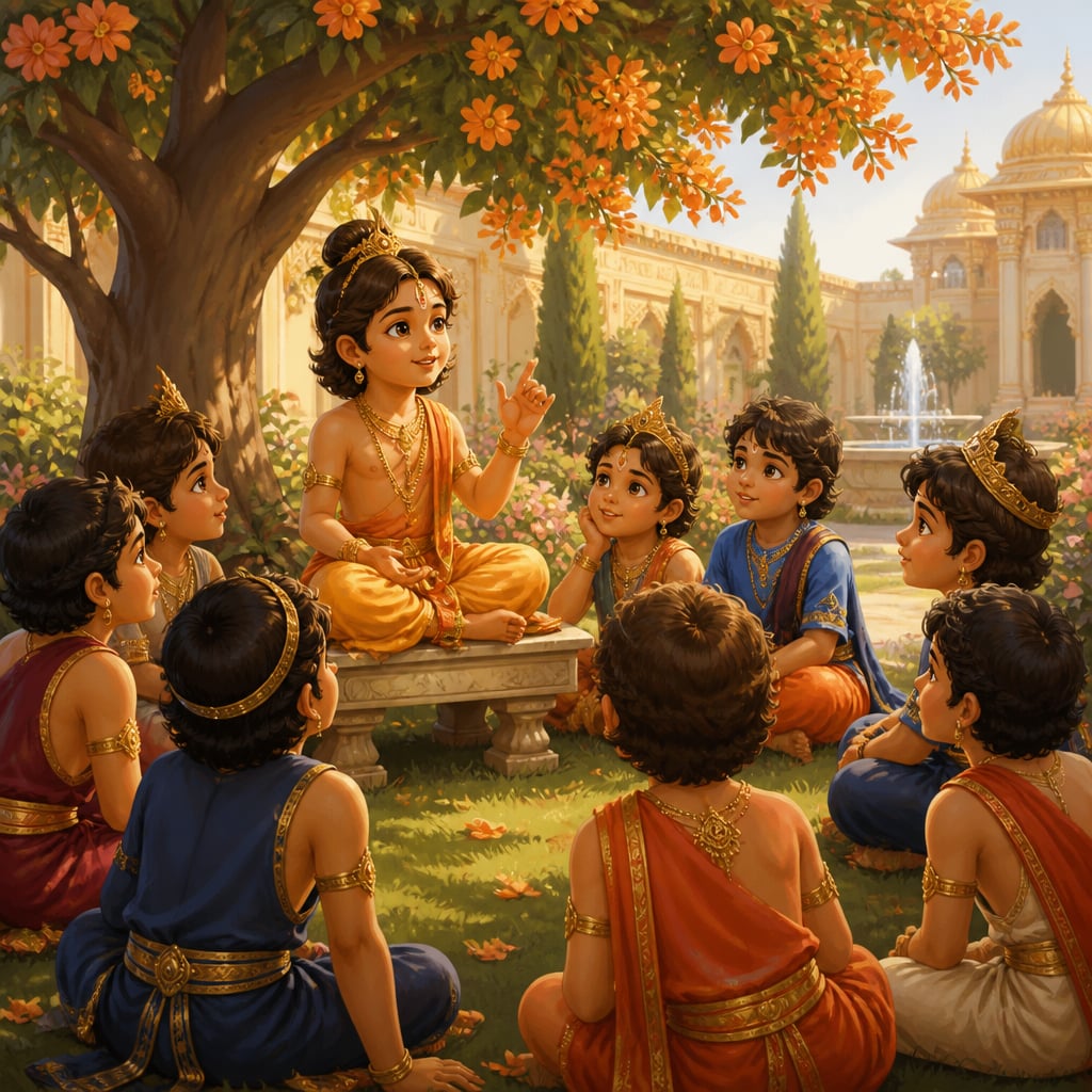 Young Prahlada sits on a stone bench under a flowering ashoka tree, gently teaching a circle of demon-prince classmates the path of devotion.