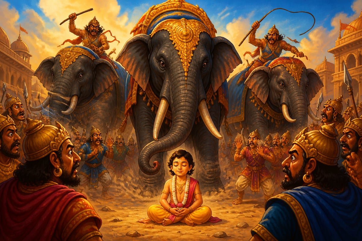 Mad war elephants refuse to harm Prahlada