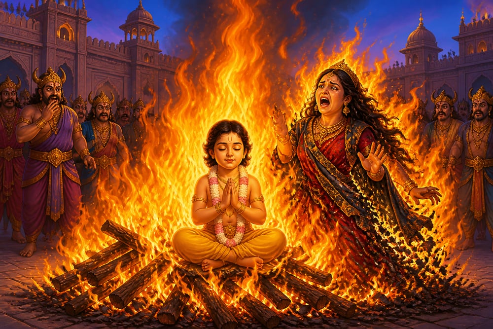 Prahlada untouched in Holika's pyre