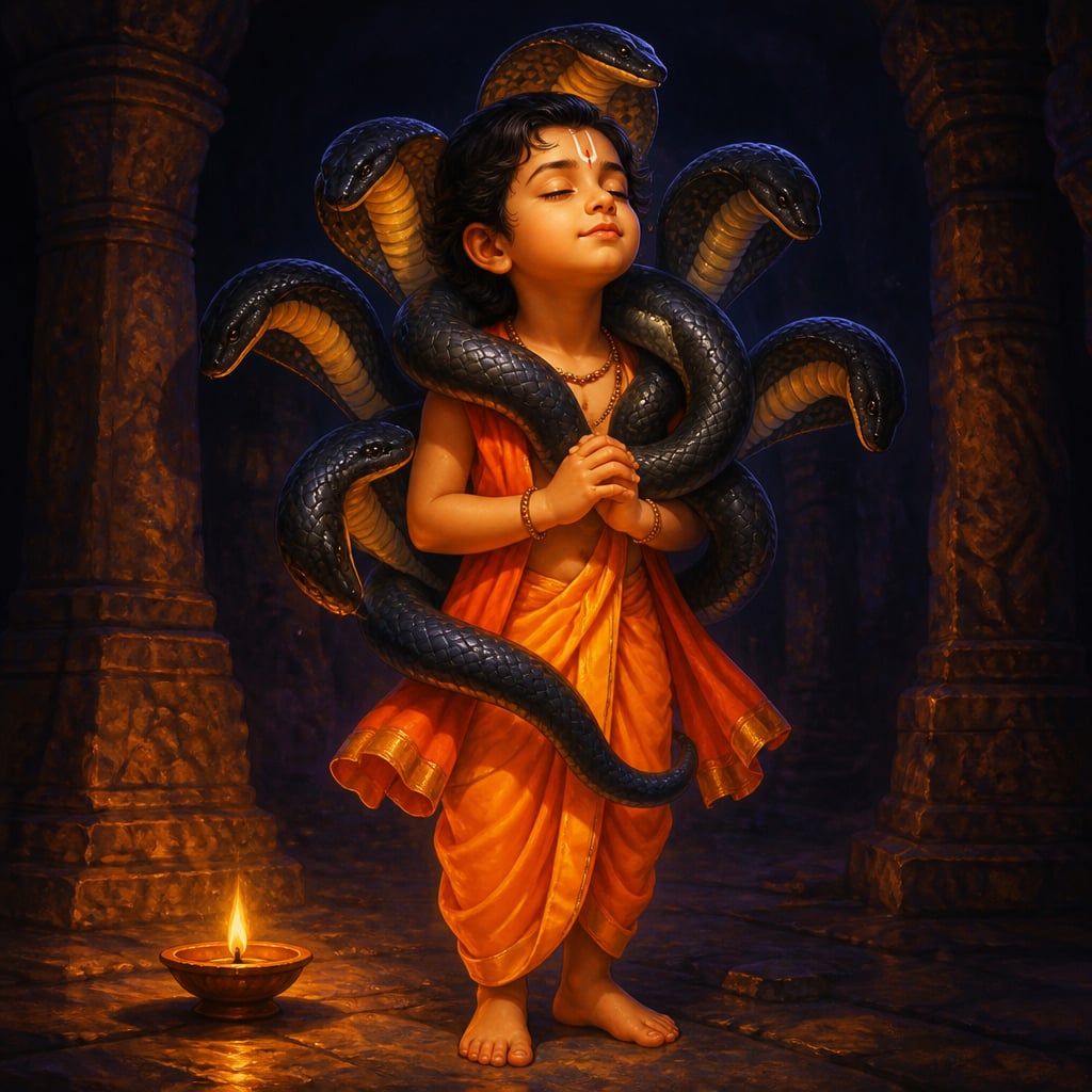 Young Prahlada stands serenely in a dim palace dungeon as venomous serpents coil around his neck and shoulders like a divine garland, their hoods lowered in adoration.