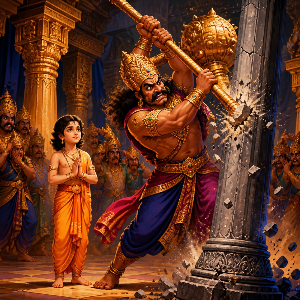 Hiranyakashipu brings his heavy mace down with two-handed fury against a tall stone pillar while young Prahlada stands calmly nearby with folded hands.