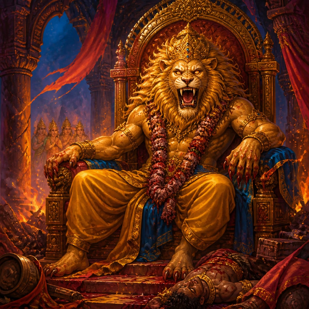 Lord Narasimha sits wrathful on the demon king's vacated throne, His golden mane spreading wildly and a garland of demon entrails draped across His chest.