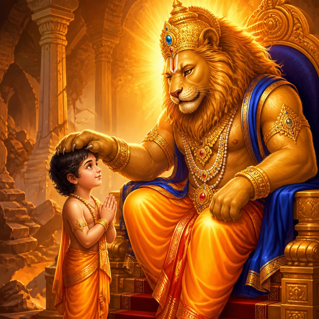 Lord Narasimha gently rests one massive paw upon young Prahlada's head as the boy stands serene before Him with folded hands, His fierce eyes softening into tenderness.