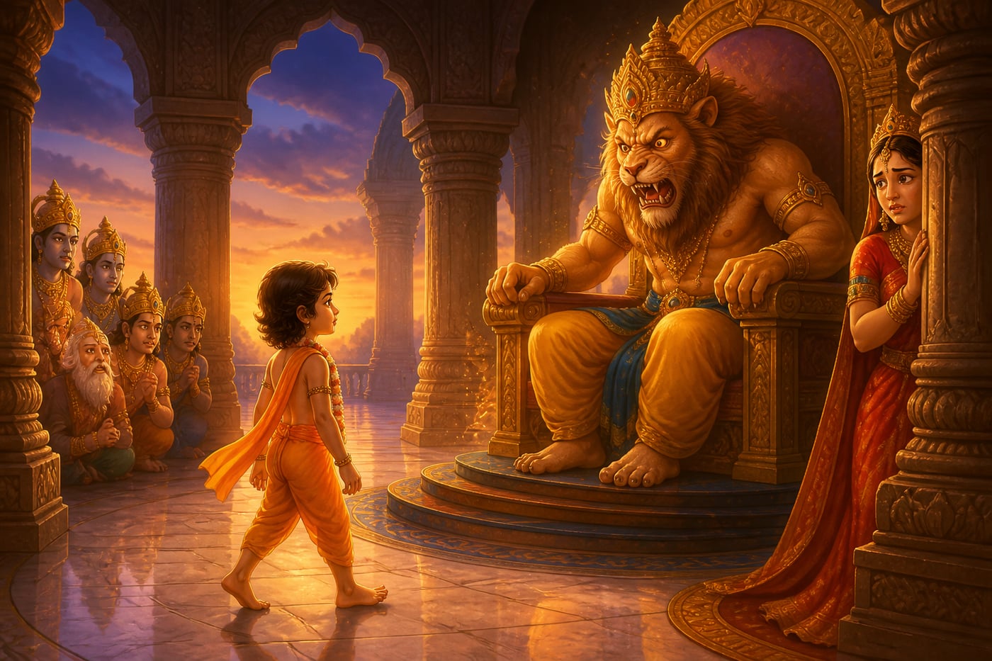 Prahlada walks calmly toward the wrathful Lord