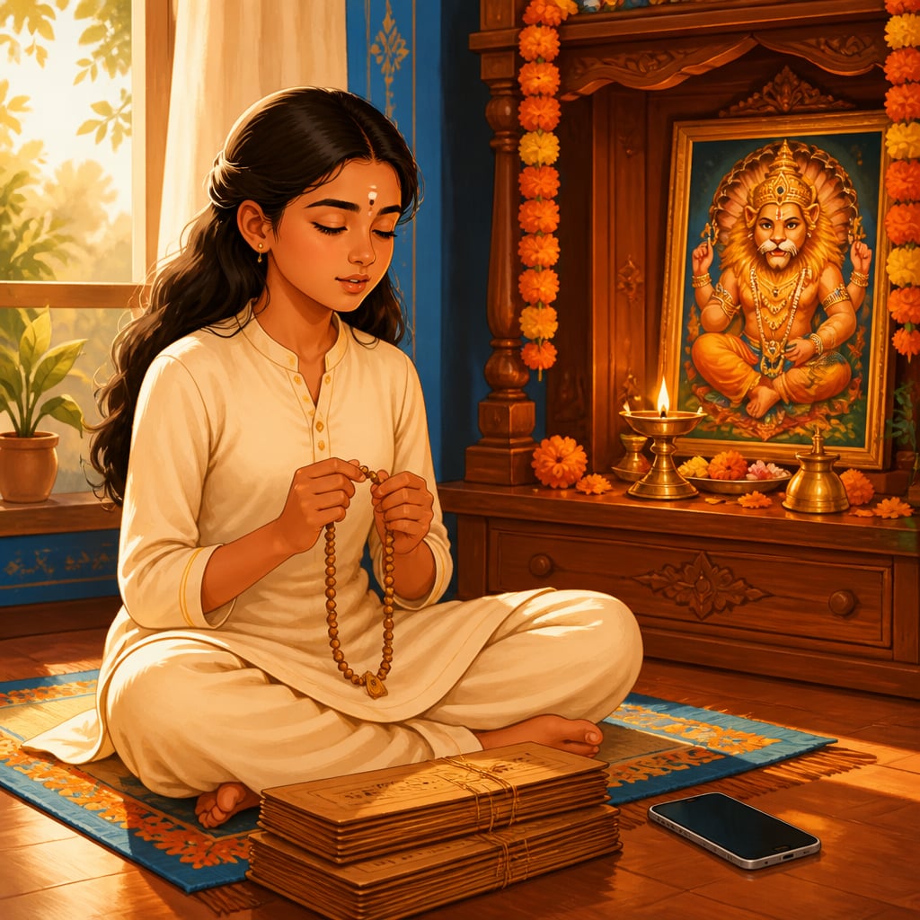 A young Indian teenager in a cream kurta sits cross-legged at a contemporary home shrine at dawn, chanting on a tulsi mala before a small framed image of Lord Narasimha lit by a brass diya.