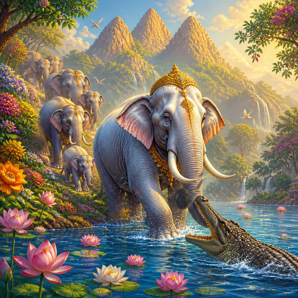 Gajendra leads his herd of elephants down Mount Trikuta to a lotus-filled lake.