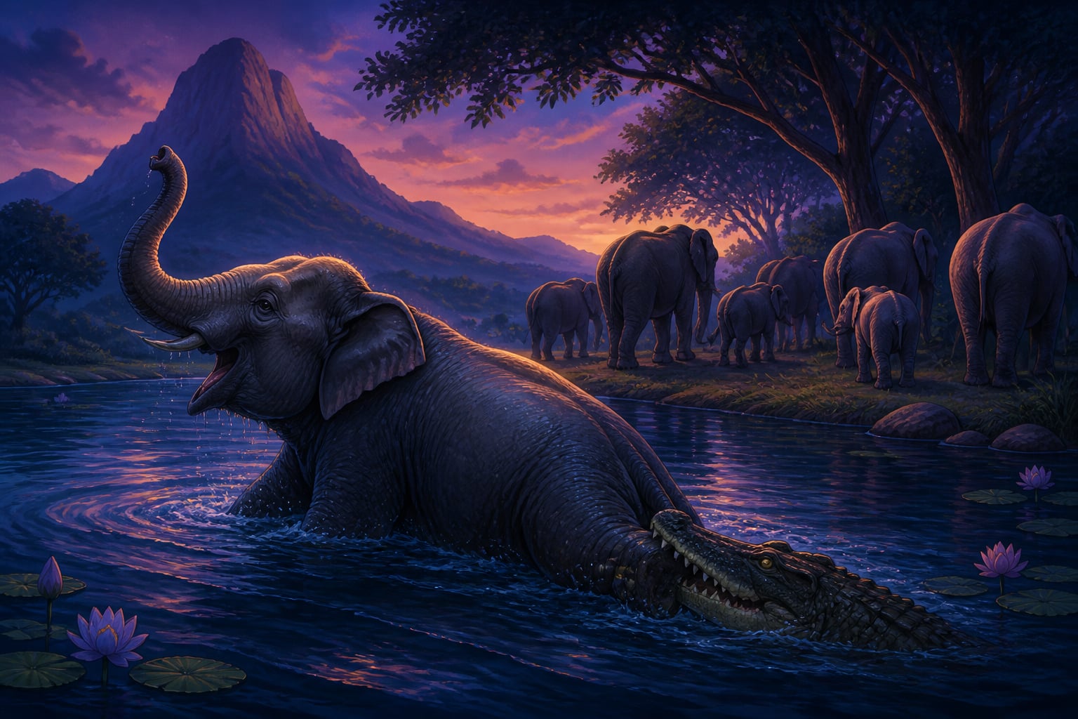 Gajendra alone in the lake at twilight as his herd departs