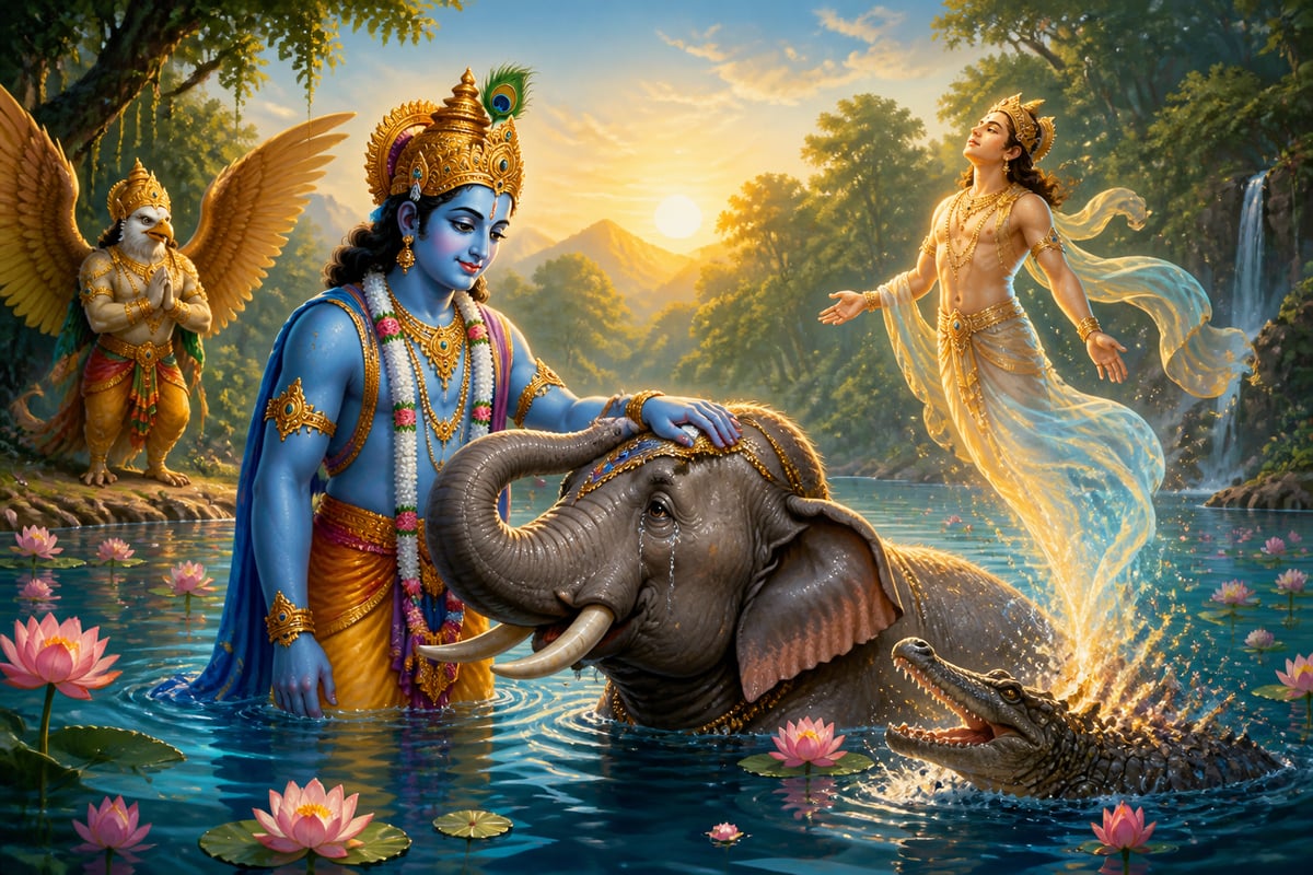 Vishnu touching Gajendra as the Gandharva Huhu rises from the crocodile