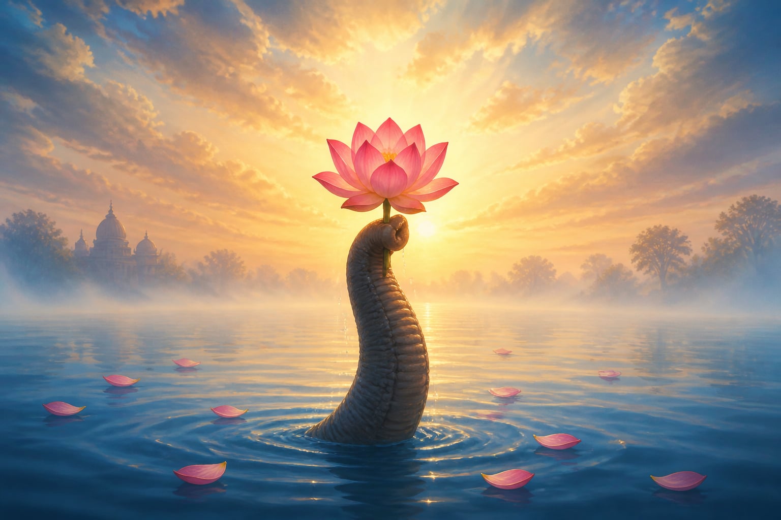 A single lotus offered above the water by an elephant's trunk