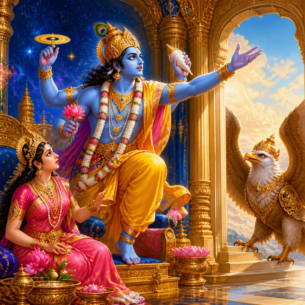 Lord Vishnu rises from his Vaikuntha throne and mounts Garuda to rescue Gajendra.