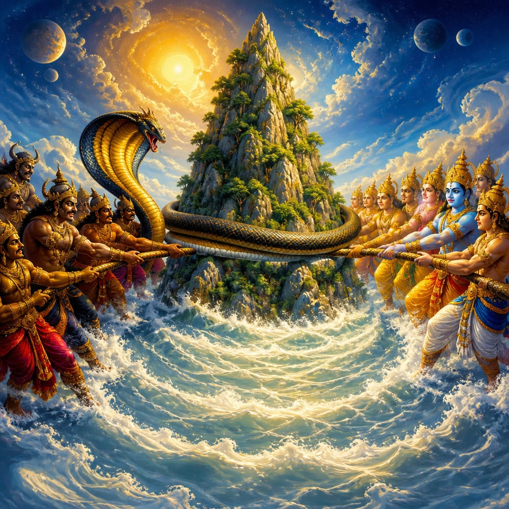 Devas and asuras churn the Milk Ocean using Mount Mandara and the serpent Vasuki.