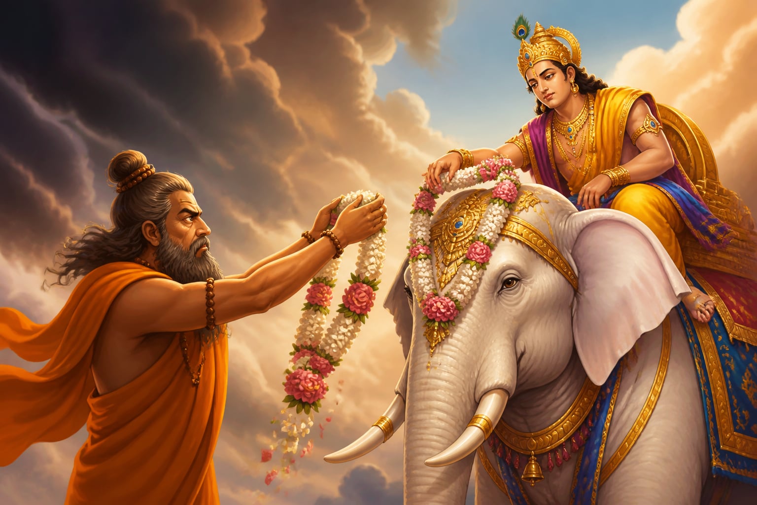 Indra carelessly handling Durvasa's garland atop Airavata