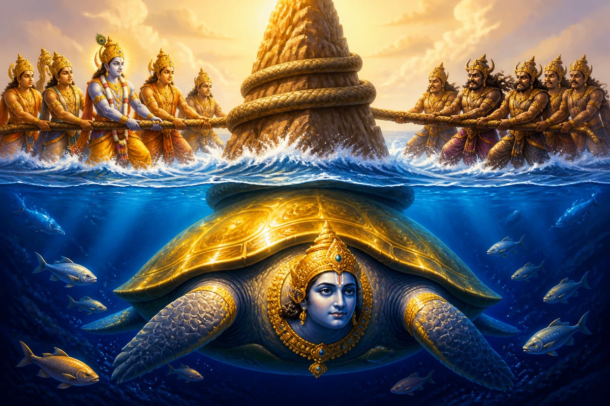 Kurma the tortoise avatar supporting Mount Mandara from below