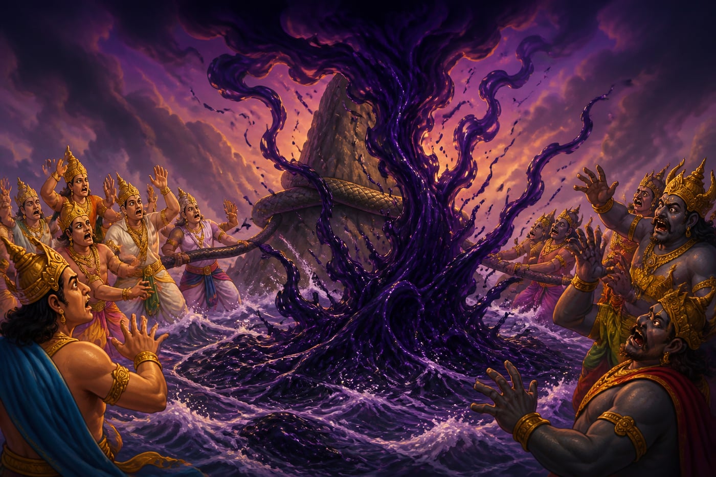 Halahala poison rising from the churning ocean as gods recoil