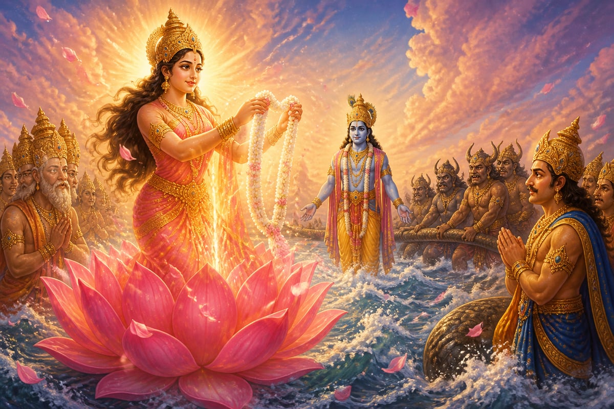 Lakshmi rising from the ocean and choosing Vishnu as her consort