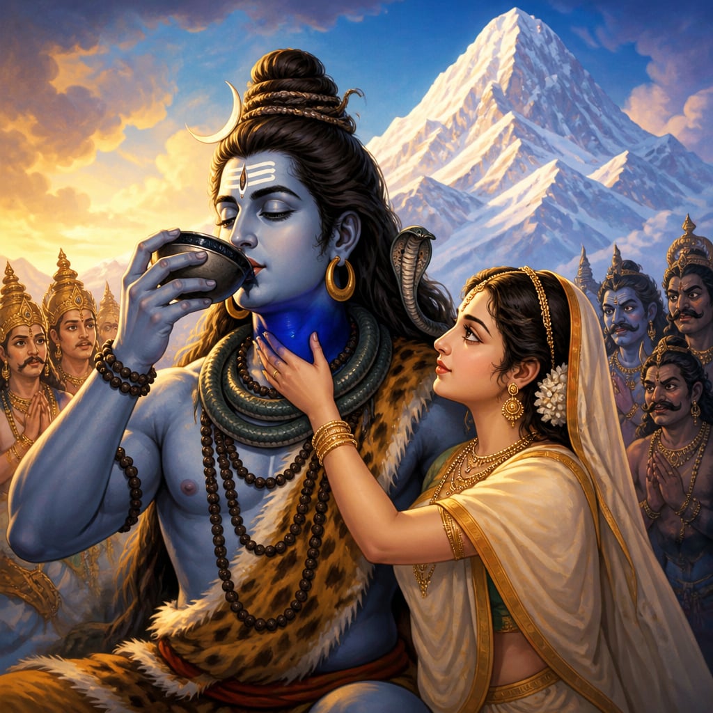 Lord Shiva calmly drinks the Halahala poison as his throat turns deep blue.