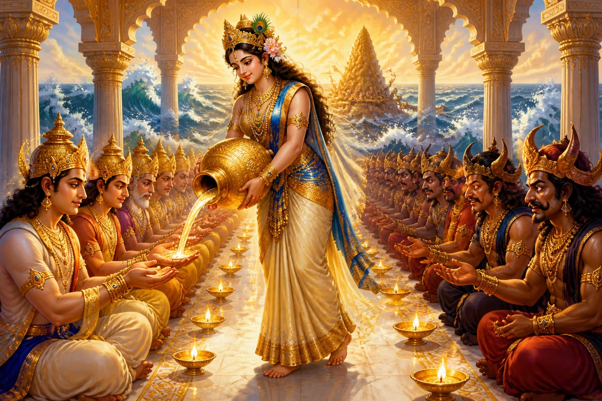 Mohini distributing nectar to the gods while demons watch in impatience