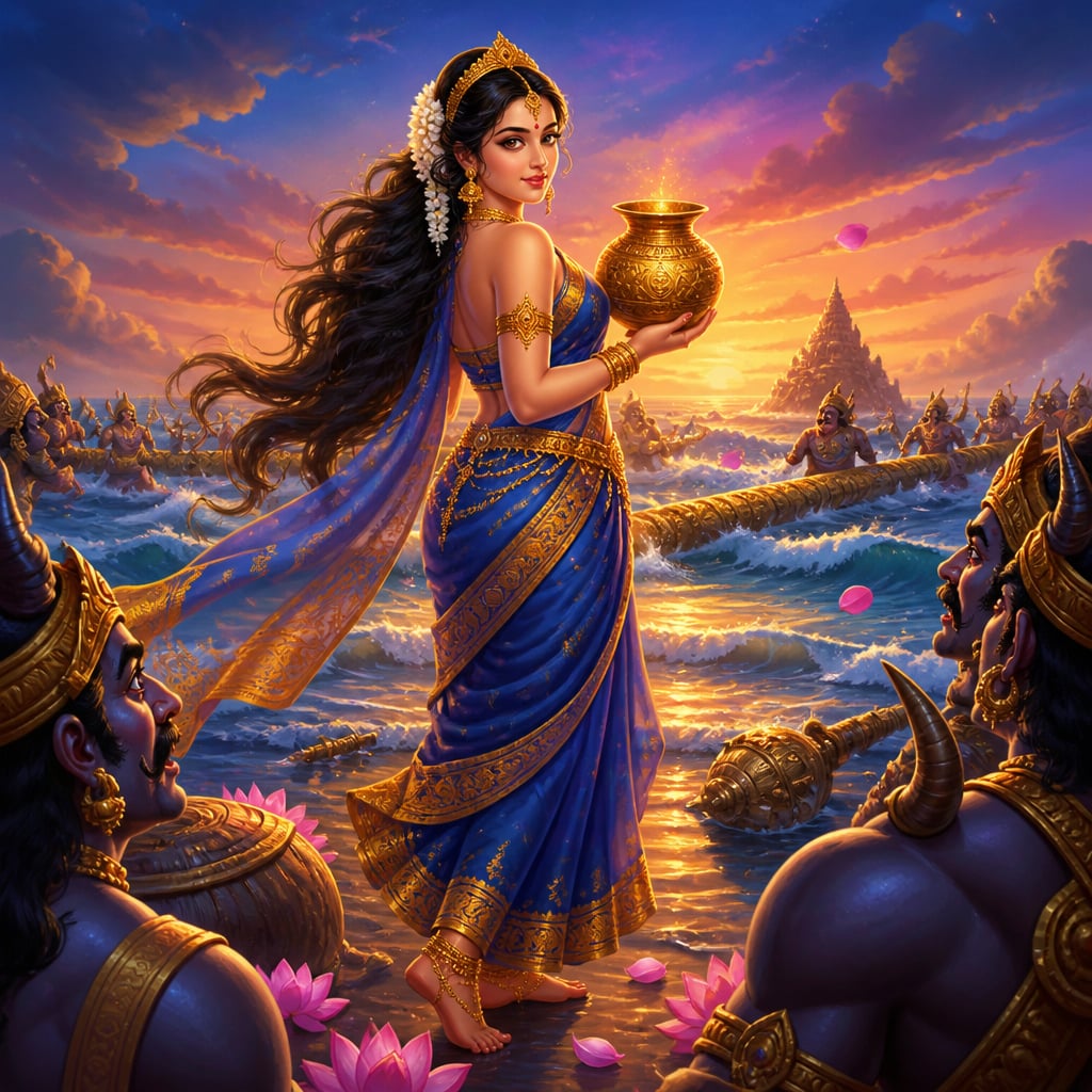 Mohini, the enchanting form of Vishnu, holds the golden pot of nectar with serene gaze.