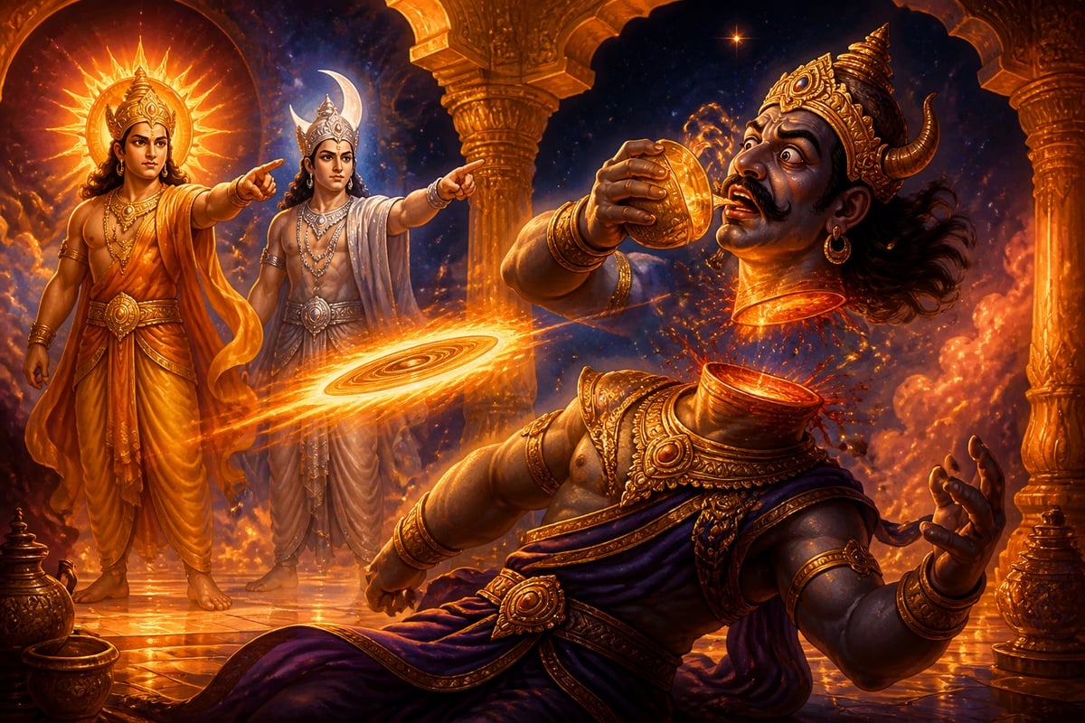 Vishnu's chakra severing Rahu's head as Sun and Moon witness
