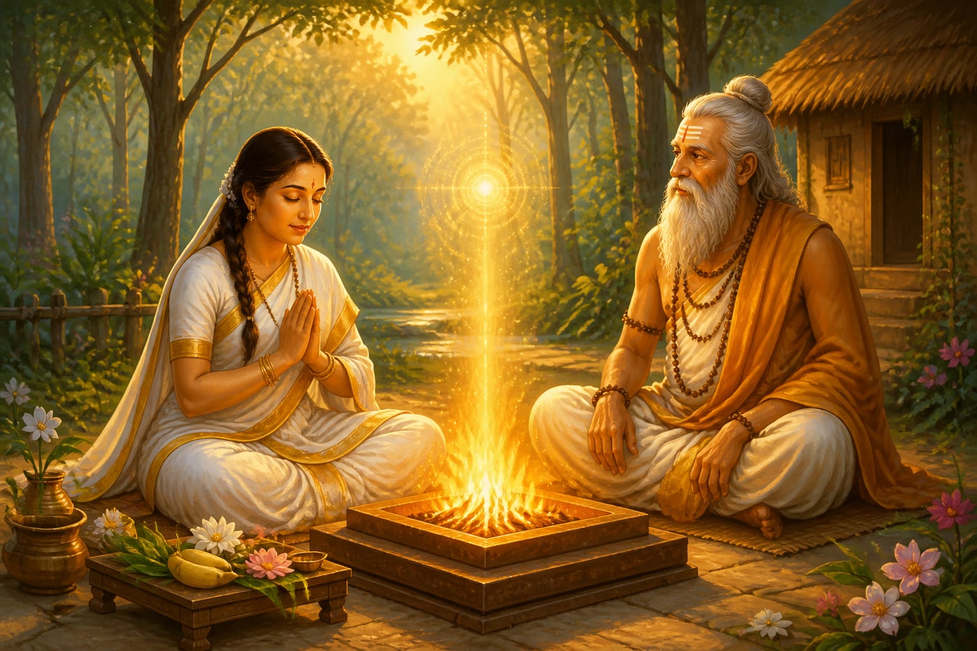 Aditi performing the Payovrata, Kashyapa watching with reverence