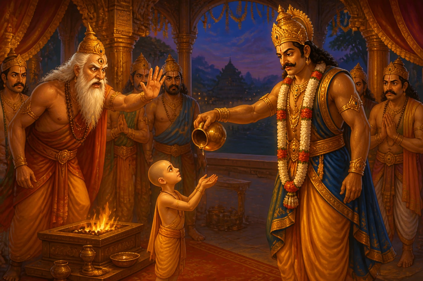 Shukracharya raising his hand to stop Bali at the moment of giving