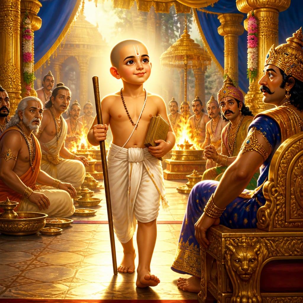 The dwarf brahmana Vamana walks barefoot into Bali Maharaja's grand sacrificial yajna.