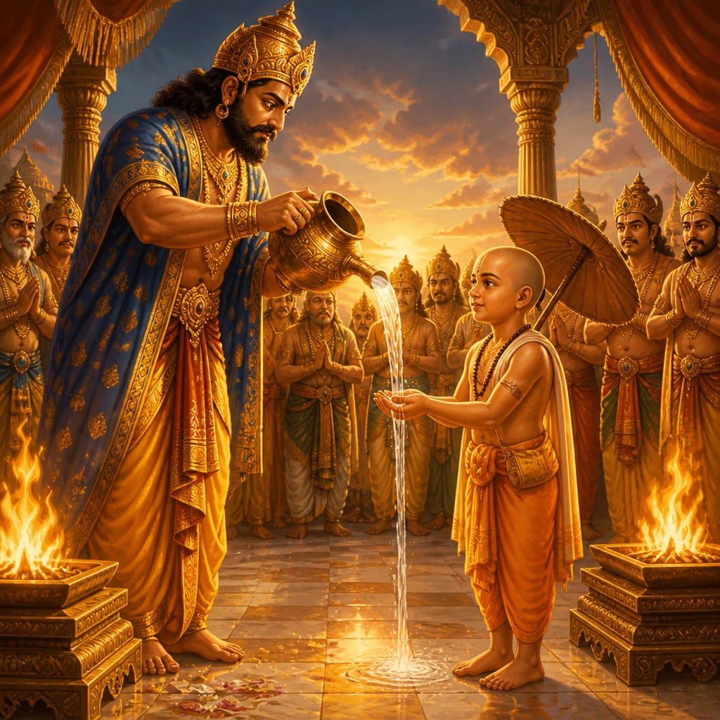 King Bali pours sacred water from a bronze kamandalu into Vamana's small cupped hands.