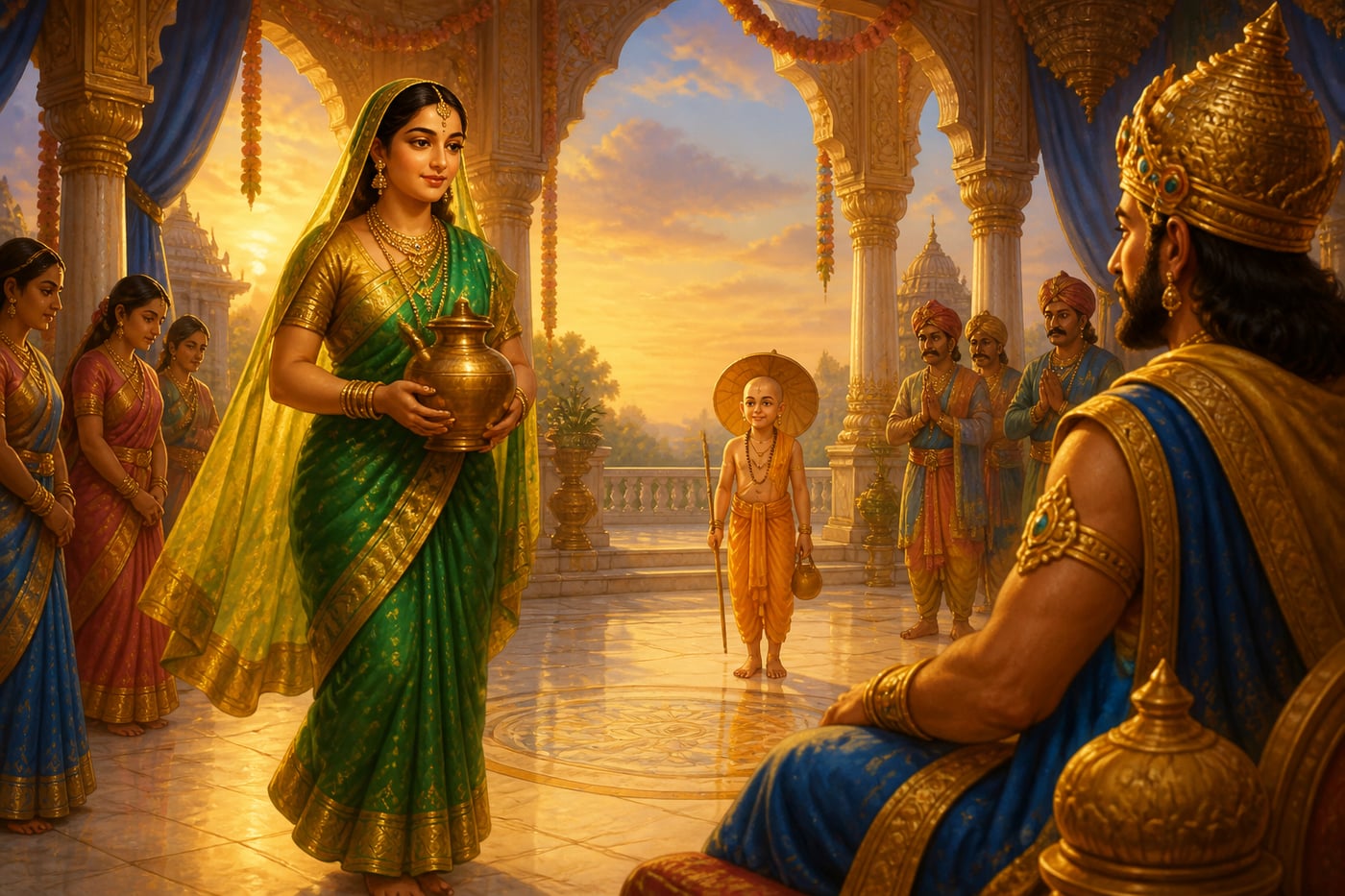 Queen Vindhyavali bringing the sacred water for the dana