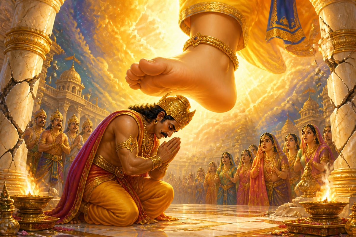 Bali kneeling to offer his head as the third step