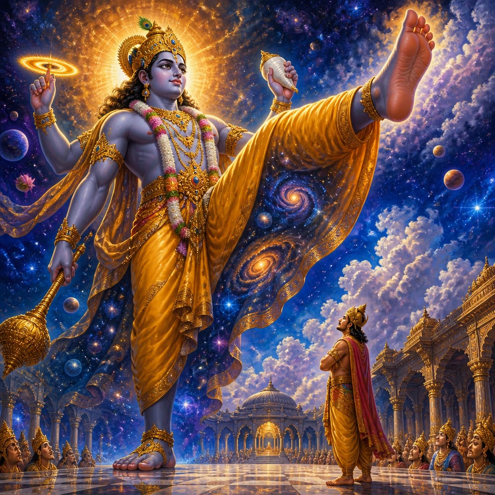 Trivikrama expands into a cosmic form towering through earth and heaven mid-stride.