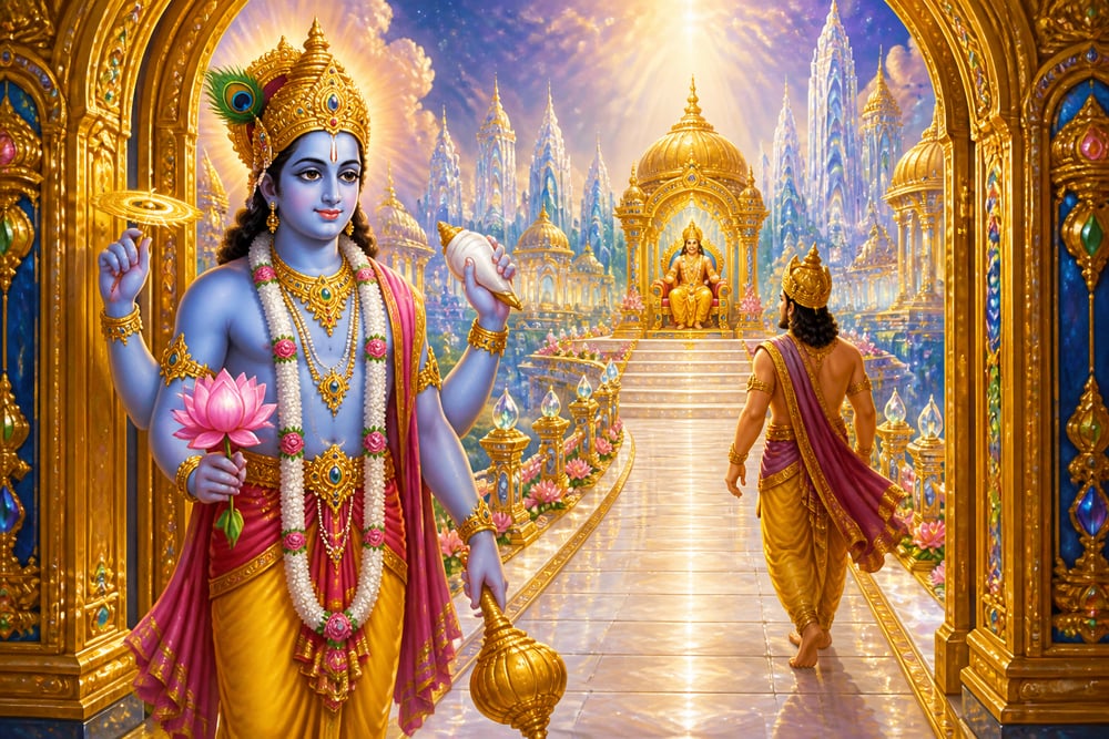 Vishnu standing as Bali's doorkeeper at Sutala's threshold