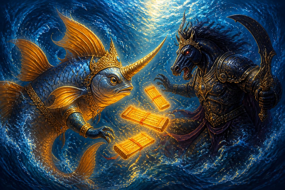 Matsya battling Hayagriva to reclaim the stolen Vedas