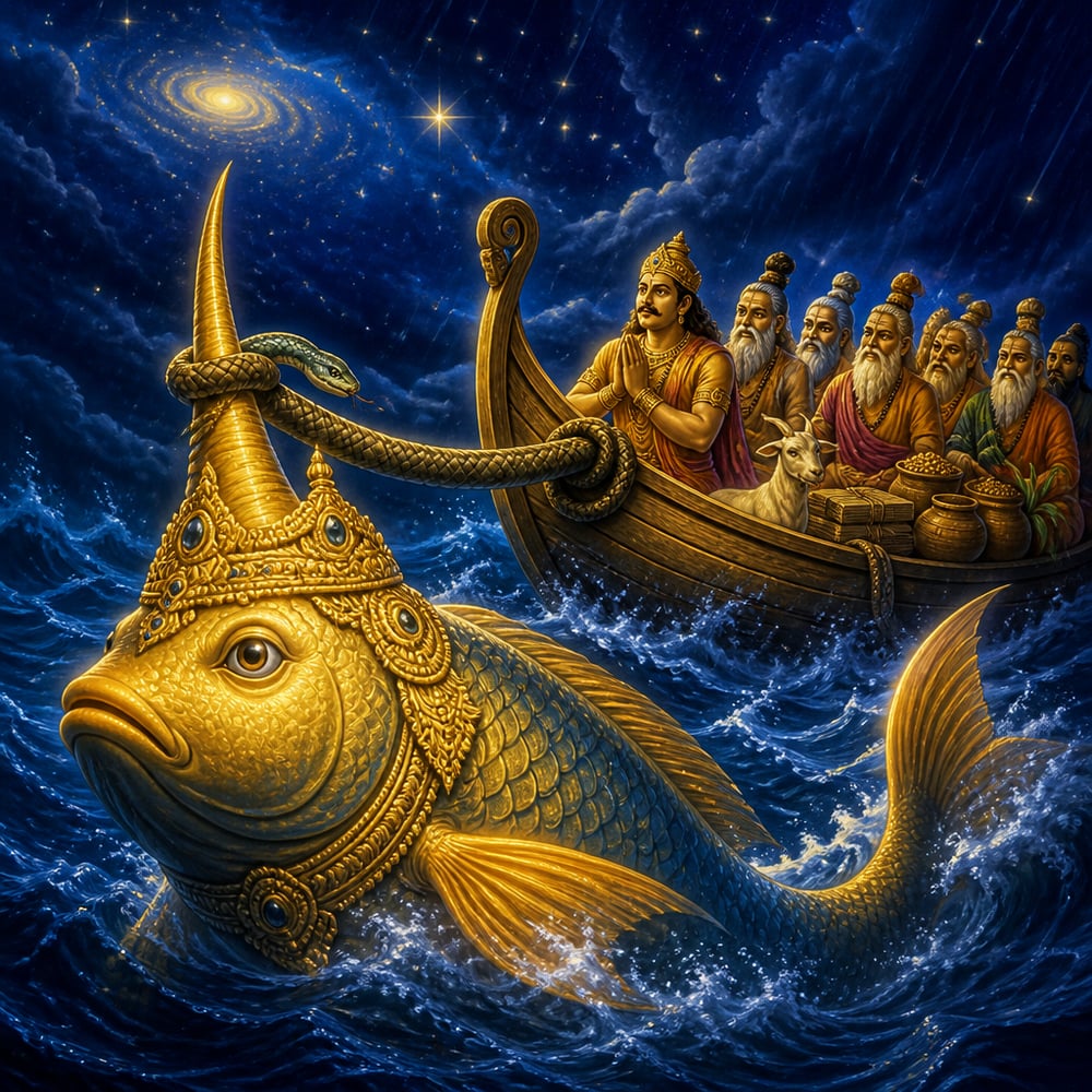 The Matsya avatar pulls King Satyavrata's ark through the deluge waters with his horn.