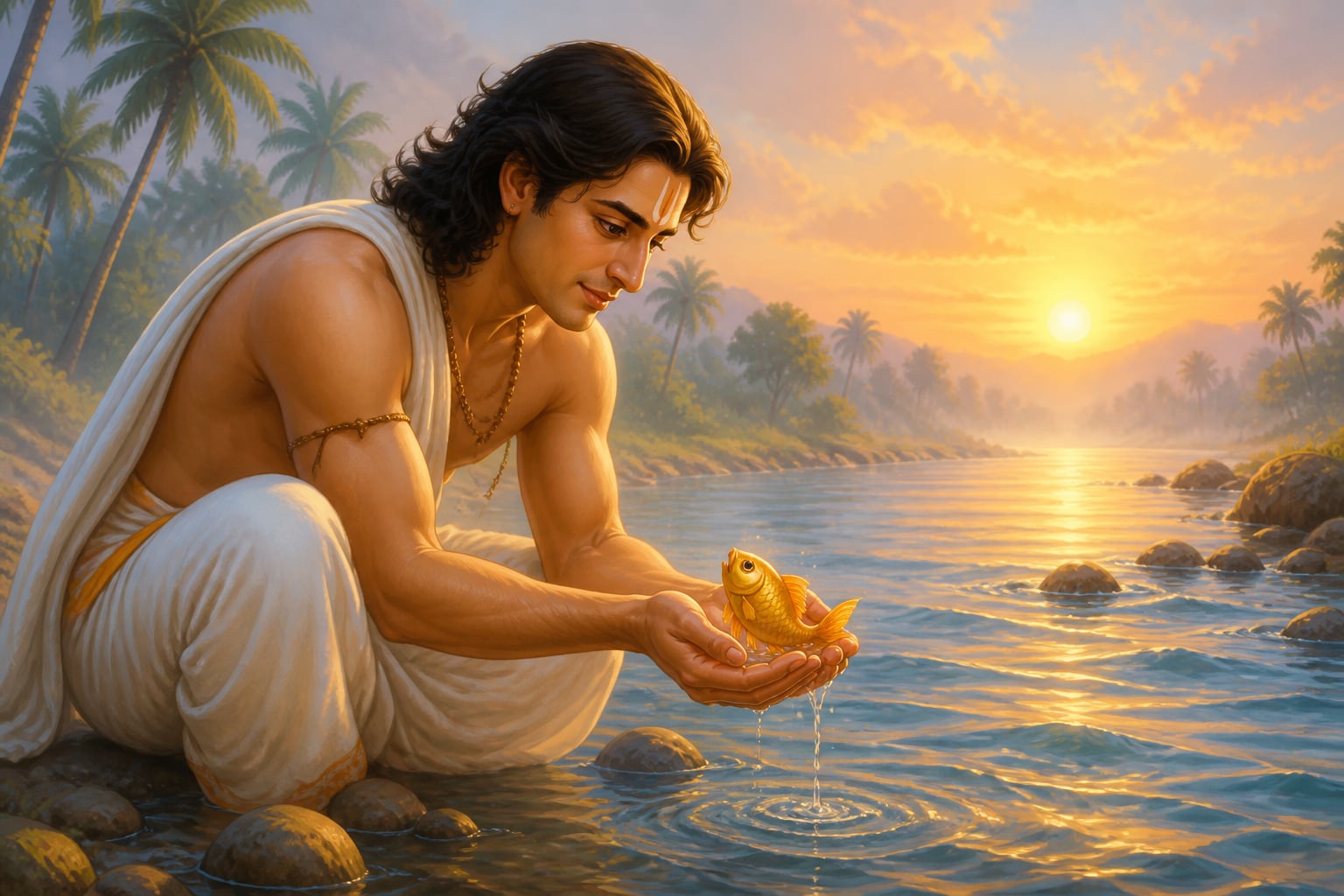 King Satyavrata holding a tiny fish in his cupped palms at sunrise