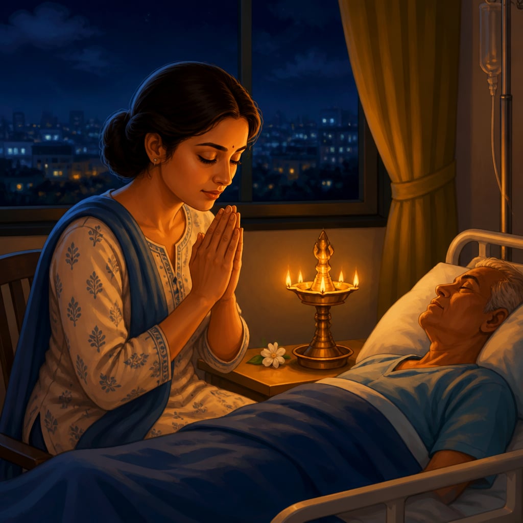 A modern Indian woman sits in quiet prayer beside a softly lit hospital bed at night.