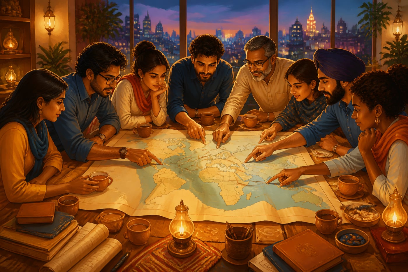 Diverse professionals cooperating over a shared map of the earth