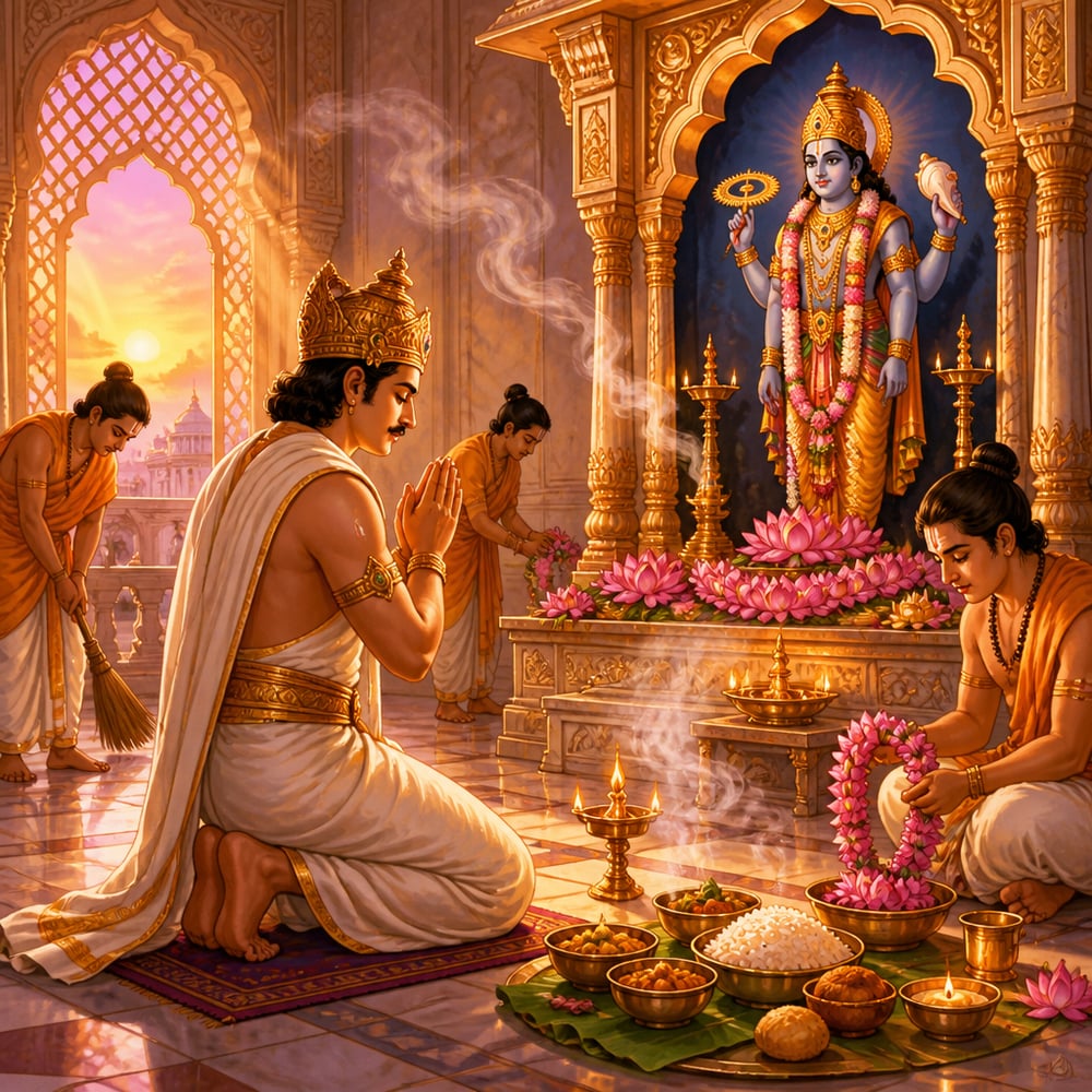 King Ambarisha at dawn worships Lord Vishnu in his palace temple, engaging every sense in service.