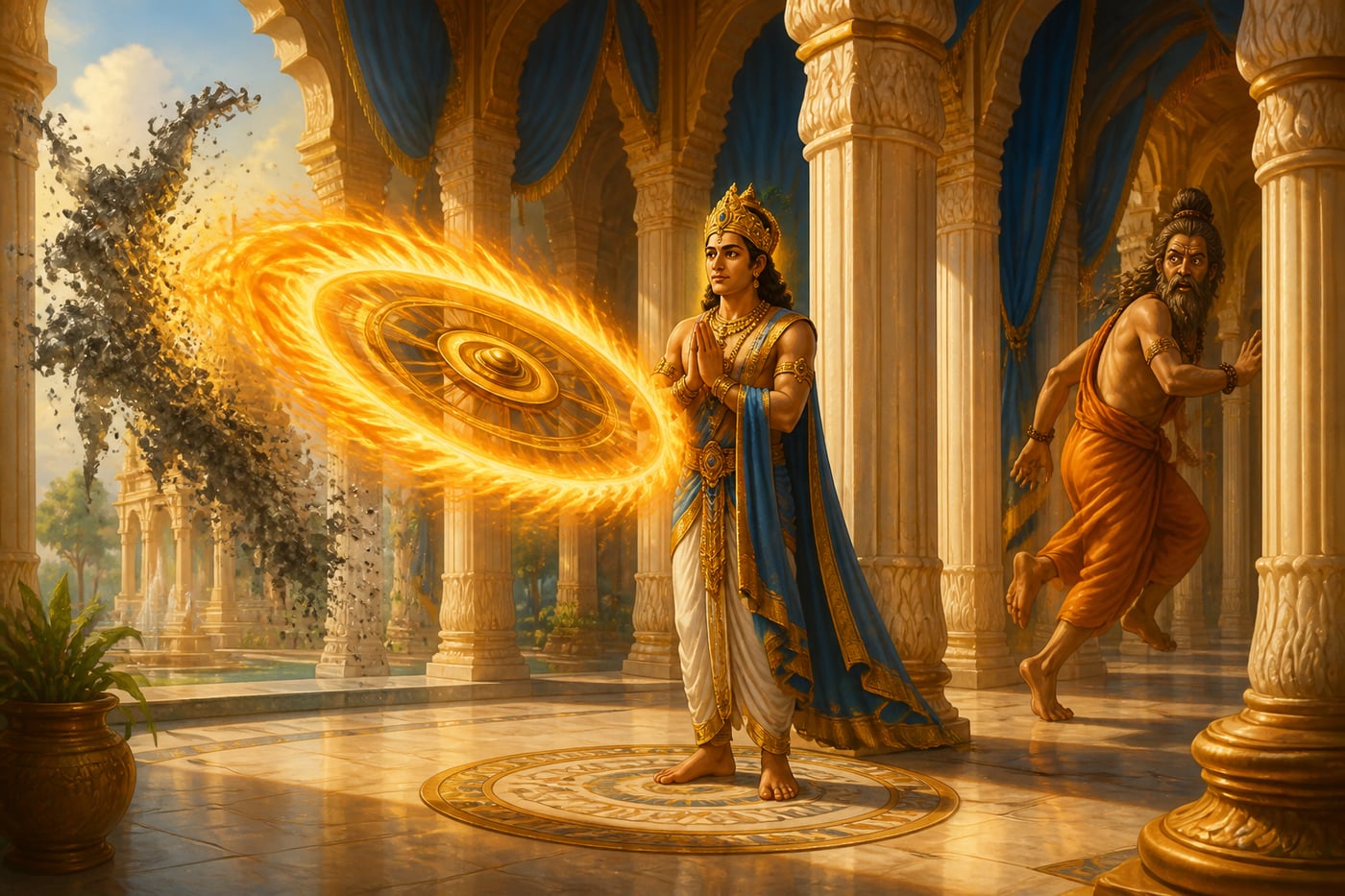 The Sudarshana Chakra protecting Ambarisha as Durvasa flees