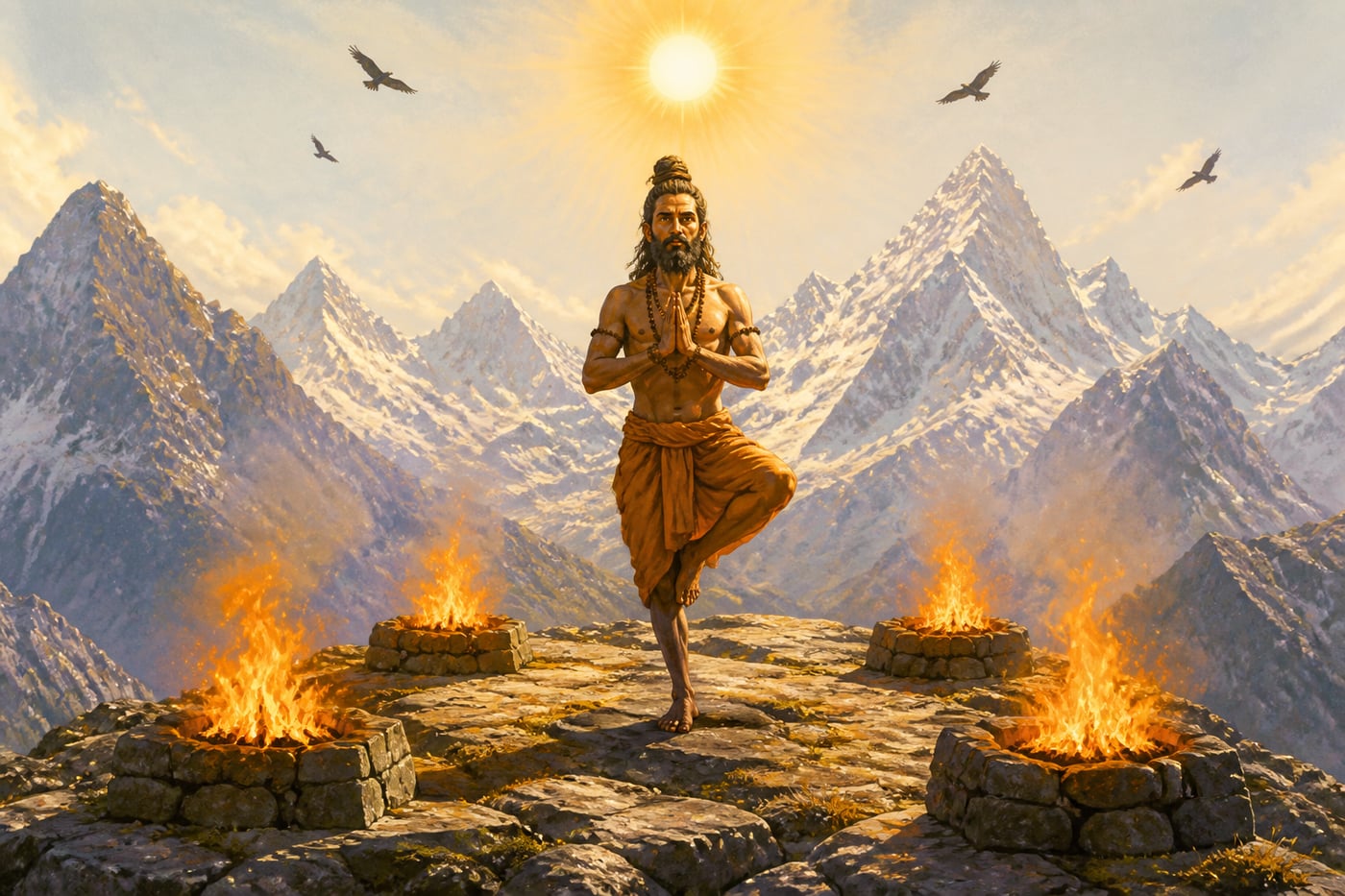Bhagiratha in panchagni tapas on a Himalayan ridge