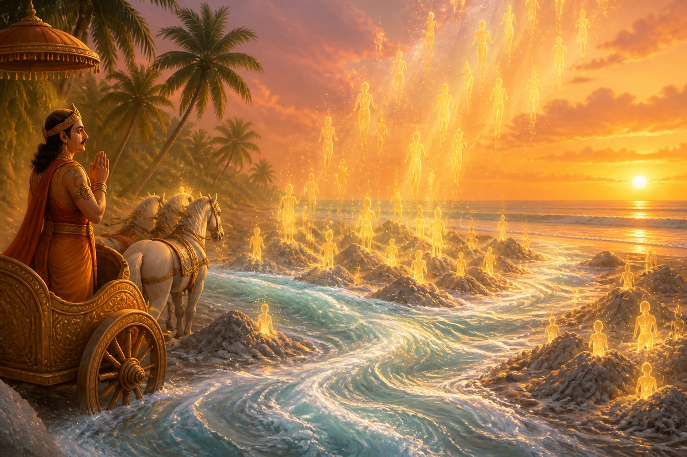 Ganga reaching the ashes of the sixty thousand Sagaras