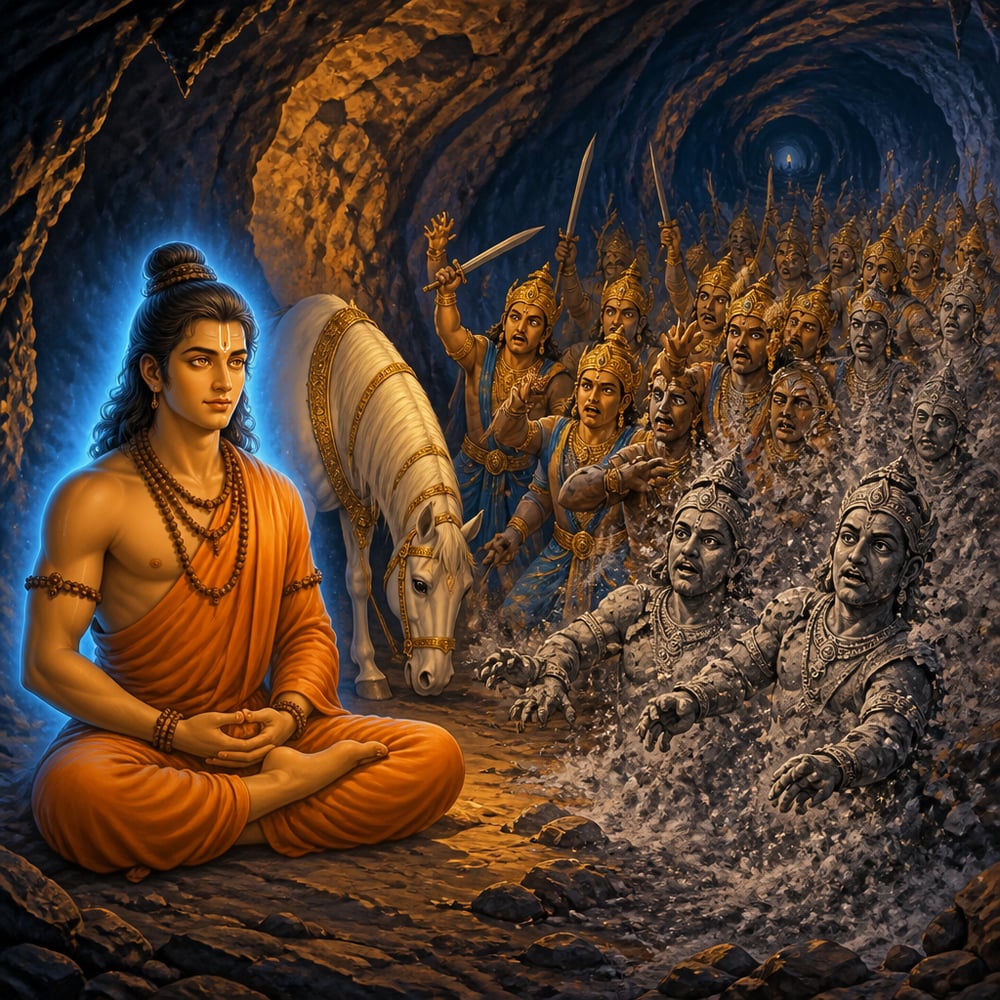 Sage Kapila opens his eyes in meditation as the sixty thousand Sagara princes are reduced to ashes.