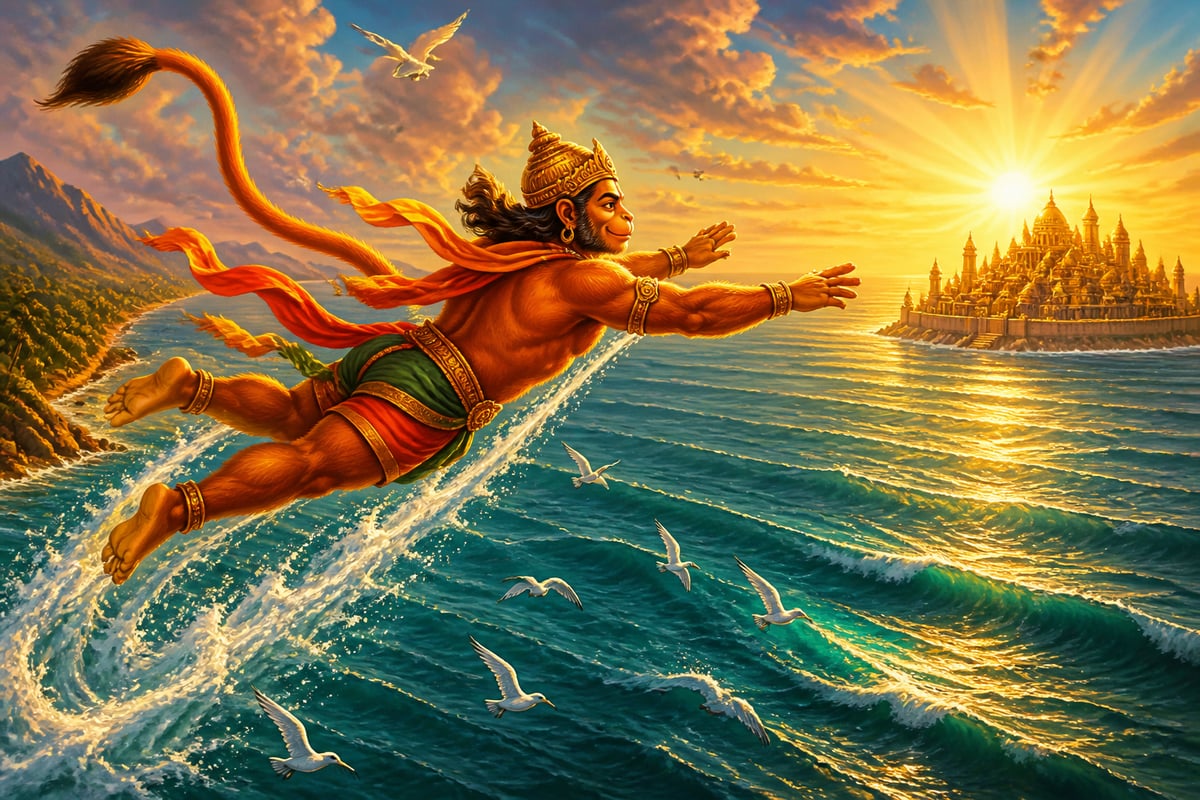 Hanuman leaping across the ocean toward Lanka