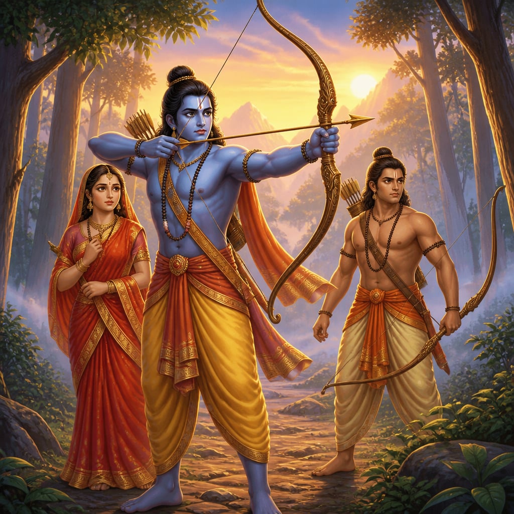 Young Lord Rama draws the great bow of Shiva in Janaka's court at Mithila.