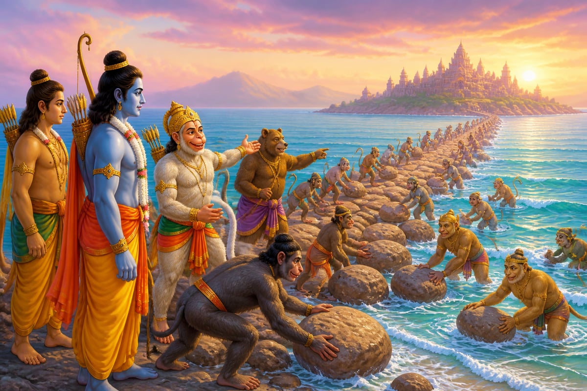 Vanaras building the Setu Bandha bridge to Lanka