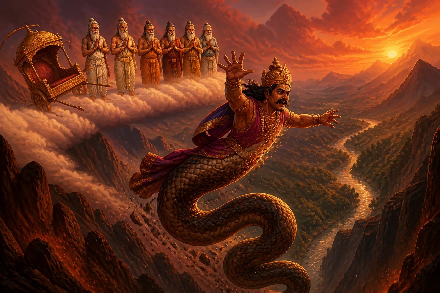 Nahusha falling from the celestial palanquin into a python