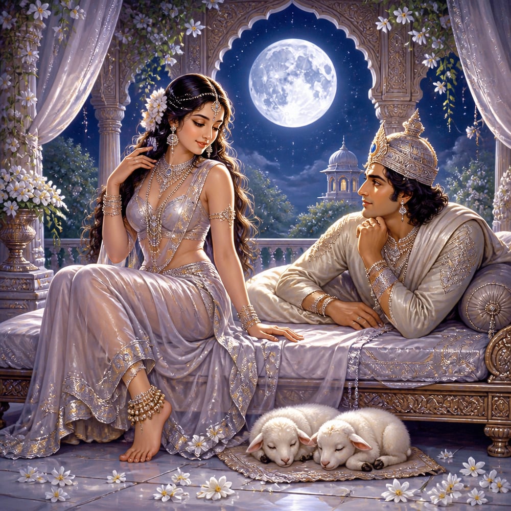 King Pururava and the celestial apsara Urvashi in a moonlit garden pavilion of his palace.