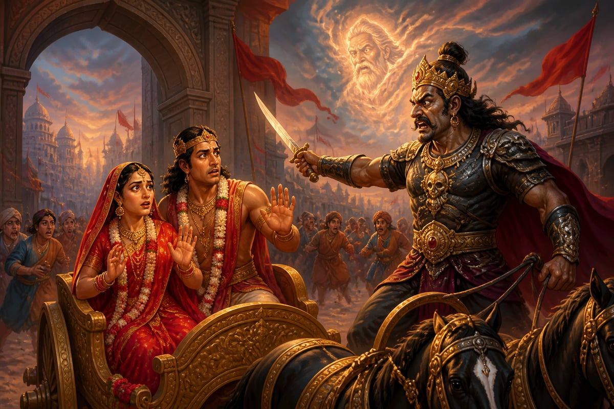 Kamsa halting Vasudeva and Devaki's wedding chariot
