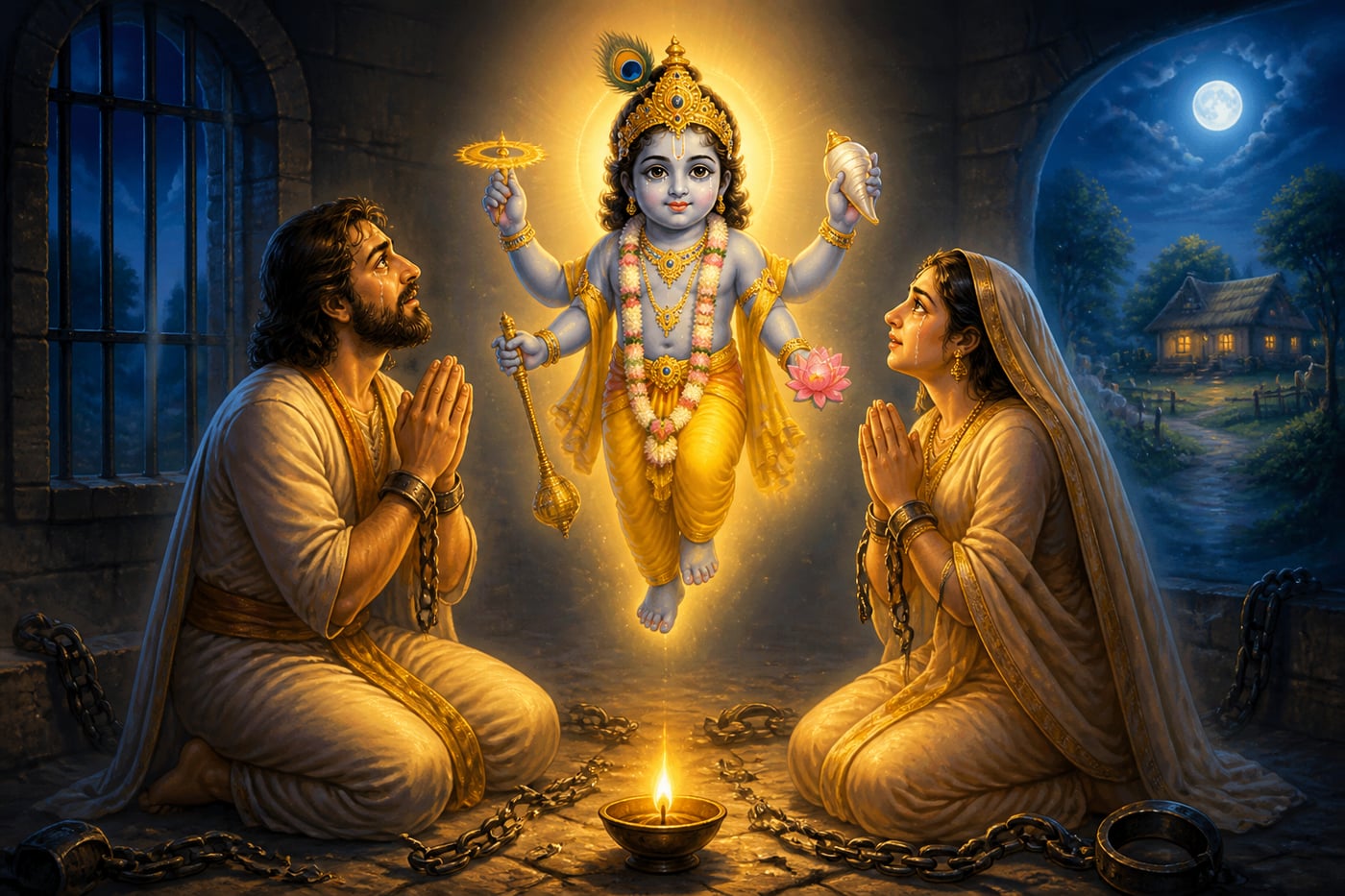 Krishna manifesting as four-armed Vishnu to His imprisoned parents